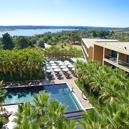 Ap Lago Montargil - Conference & Spa Экстерьер фото The photo shows a scenic view of a modern hotel or resort. In the foreground, there is a swimming pool surrounded by palm trees, with lounge chairs positioned beside it. Sun umbrellas provide shade over the chairs. The background features a lush land